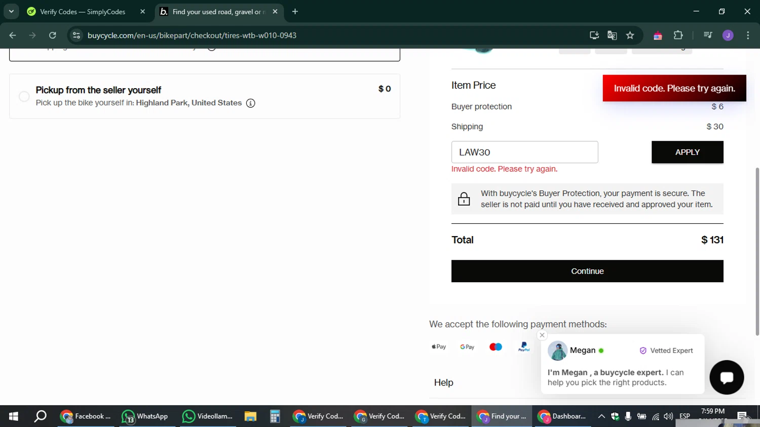 buycycle discount code screenshot showing code LAW30 applied at buycycle checkout page. Uploaded by SimplyCodes community member sniderjack453 on Feb 14, 2025
