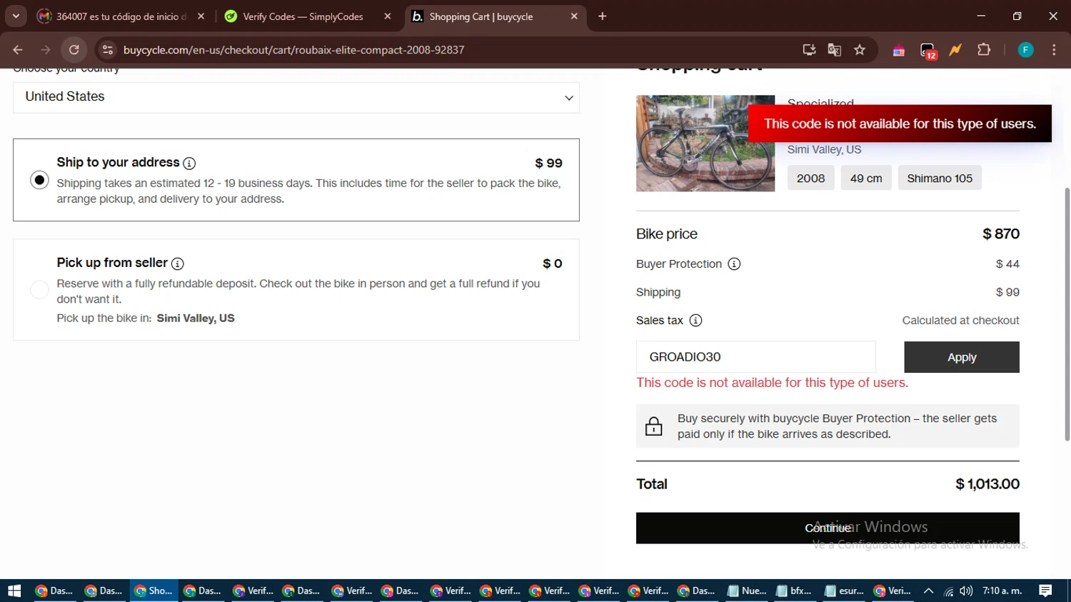 buycycle discount code screenshot showing code GROADIO30 applied at buycycle checkout page. Uploaded by SimplyCodes community member ShrewdTitan3233 on Apr 29, 2025