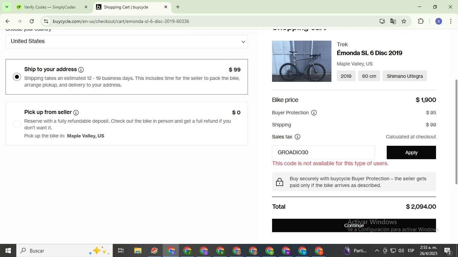 buycycle discount code screenshot showing code GROADIO30 applied at buycycle checkout page. Uploaded by SimplyCodes community member TreasureCaptain5531 on Apr 26, 2025