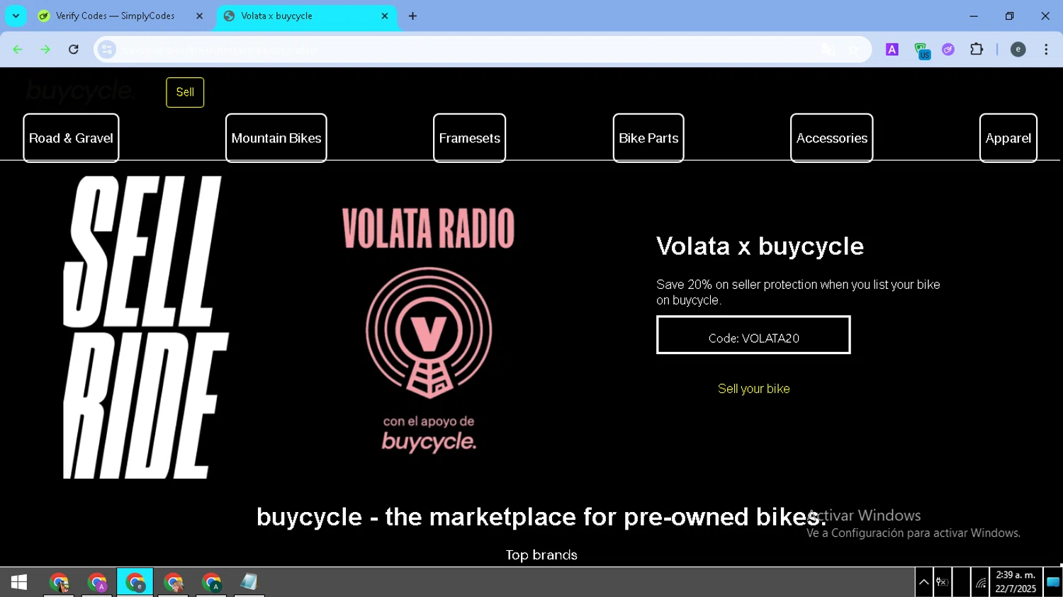 buycycle discount code screenshot showing code VOLATA20 applied at buycycle checkout page. Uploaded by SimplyCodes community member MightyPro980 on Jul 22, 2025