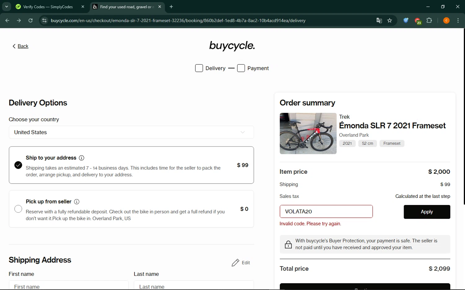 buycycle discount code screenshot showing code VOLATA20 applied at buycycle checkout page. Uploaded by SimplyCodes community member ShrewdCaptain9911 on Jul 28, 2025