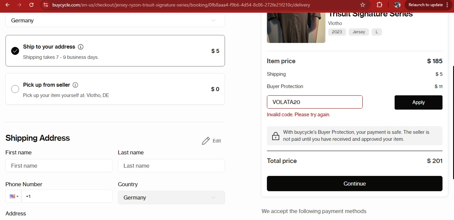 buycycle discount code screenshot showing code VOLATA20 applied at buycycle checkout page. Uploaded by SimplyCodes community member kimberlinmartinez on Jul 28, 2025