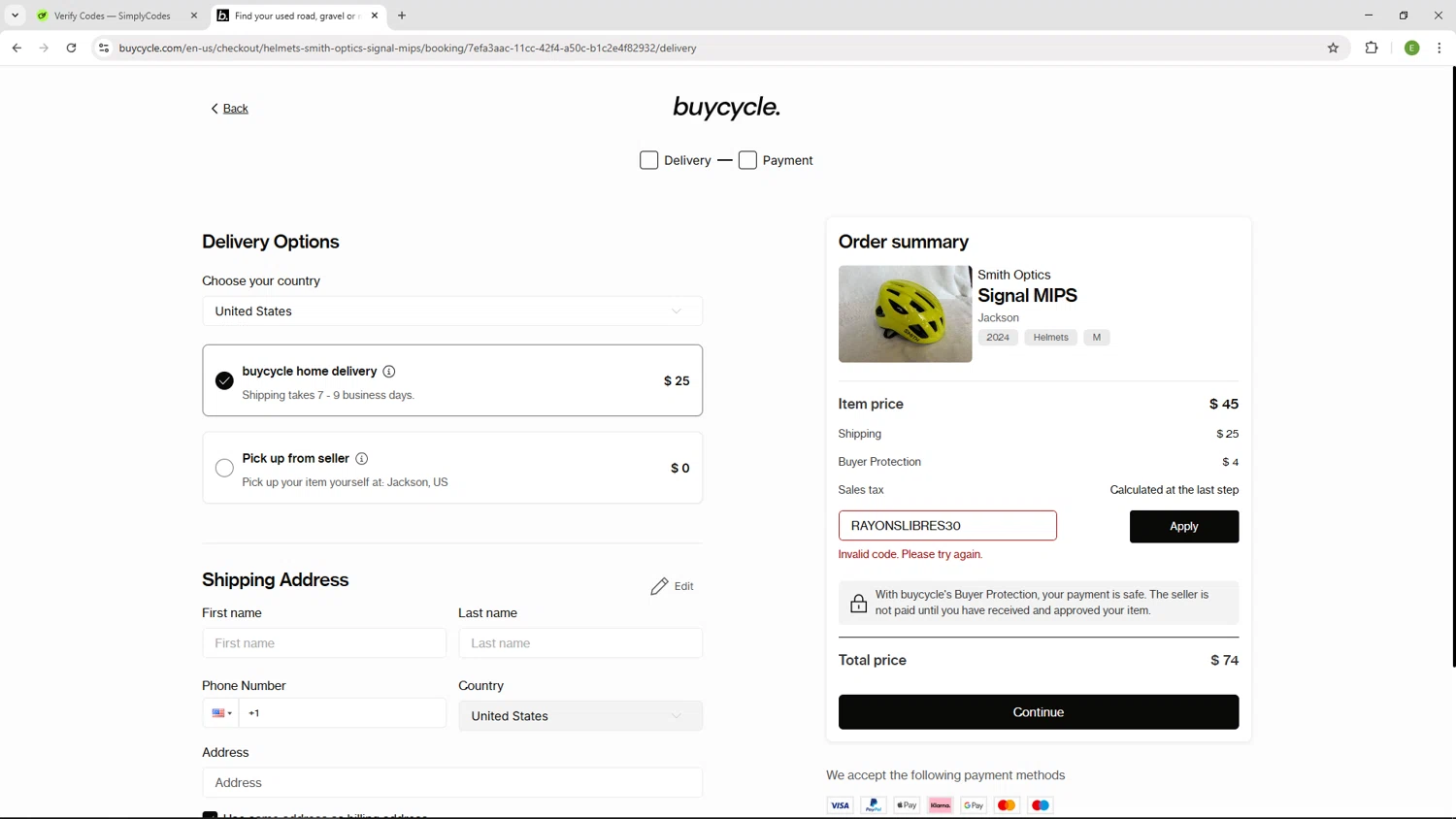 buycycle discount code screenshot showing code RAYONSLIBRES30 applied at buycycle checkout page. Uploaded by SimplyCodes community member SUZUKIV on Aug 7, 2025