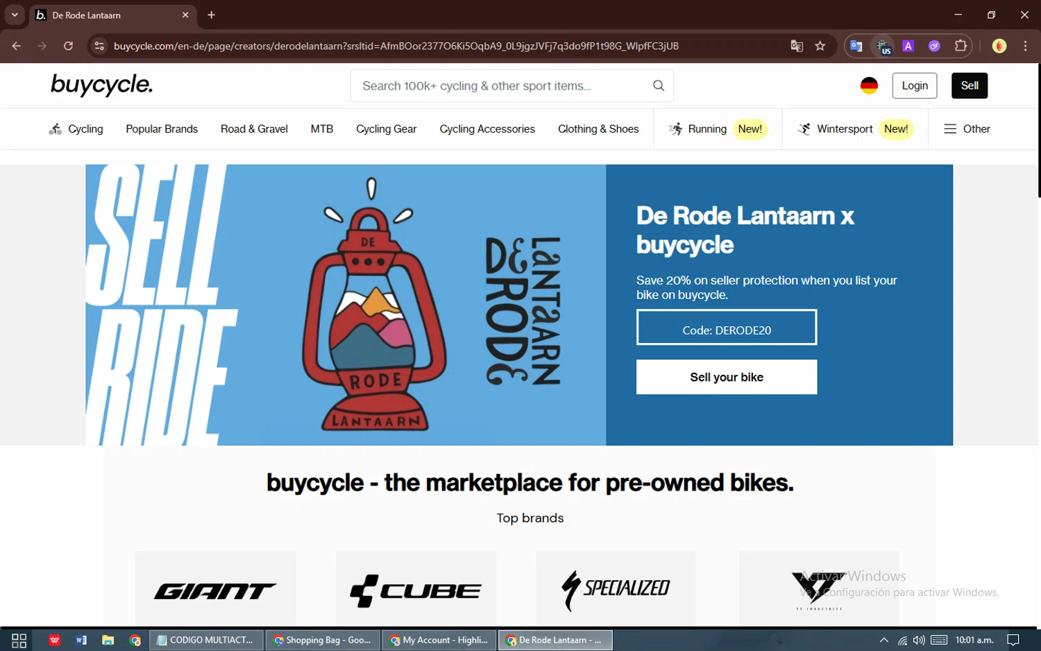 buycycle discount code screenshot showing code DERODE20 applied at buycycle checkout page. Uploaded by SimplyCodes community member bombom on Dec 1, 2025