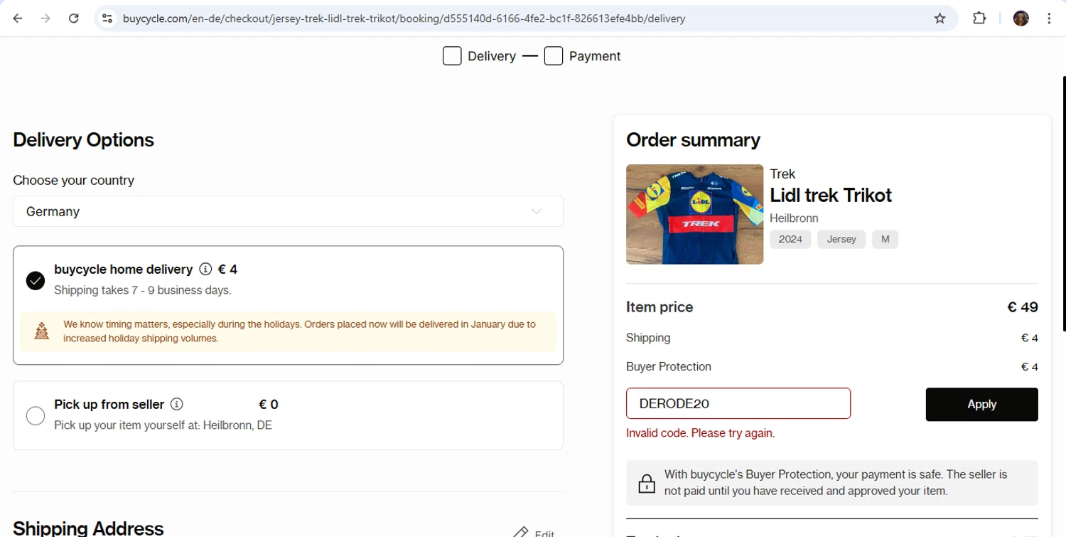 buycycle discount code screenshot showing code DERODE20 applied at buycycle checkout page. Uploaded by SimplyCodes community member kaiser2 on Dec 28, 2025