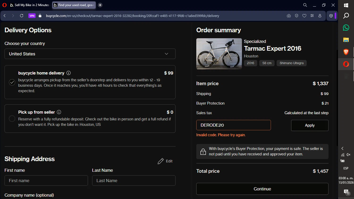 buycycle discount code screenshot showing code DERODE20 applied at buycycle checkout page. Uploaded by SimplyCodes community member xXdevoragoticas69Xx on Jan 13, 2026