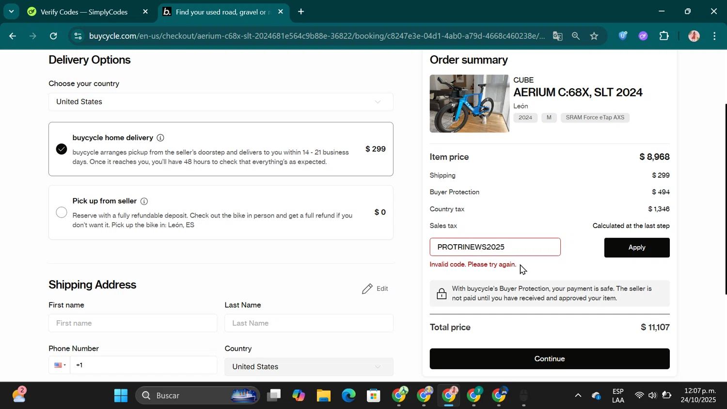 buycycle discount code screenshot showing code PROTRINEWS2025 applied at buycycle checkout page. Uploaded by SimplyCodes community member jenifer on Oct 24, 2025