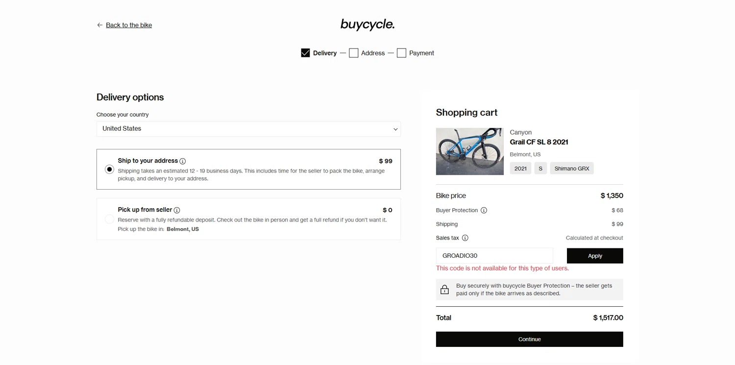 buycycle discount code screenshot showing code GROADIO30 applied at buycycle checkout page. Uploaded by SimplyCodes community member Dorothy on Apr 24, 2025
