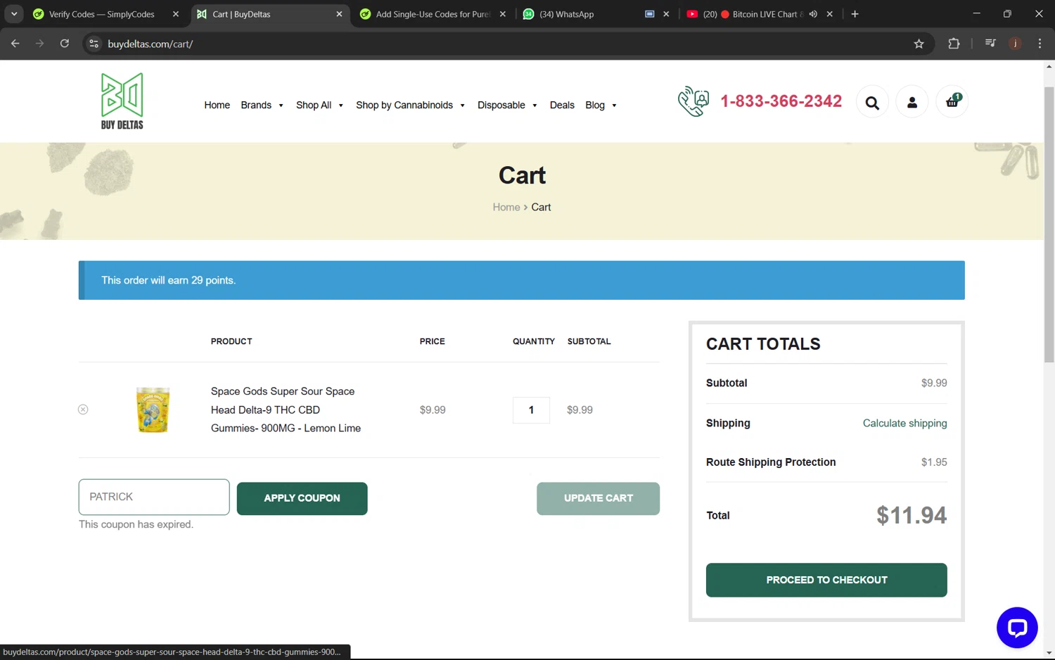 Buy Deltas coupon code screenshot showing code PATRICK applied at Buy Deltas checkout page. Uploaded by SimplyCodes community member juanx1702 on Mar 6, 2025