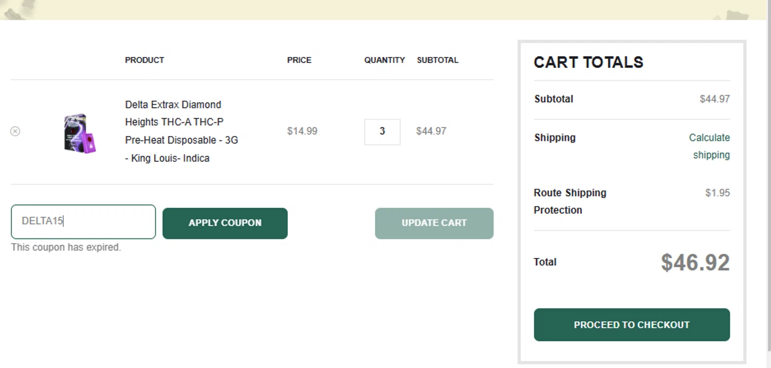 Buy Deltas coupon code screenshot showing code DELTA15 applied at Buy Deltas checkout page. Uploaded by SimplyCodes community member OsbelSanchez23 on Jan 24, 2025