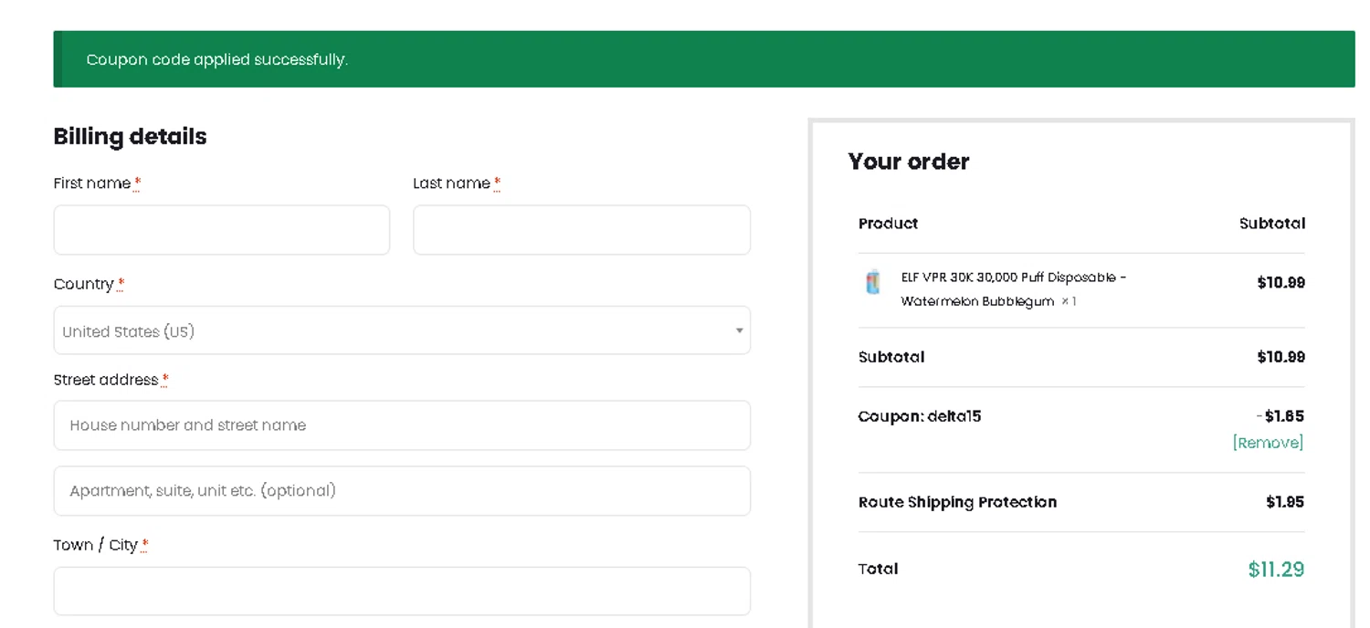 Buy Deltas checkout page showing Buy Deltas coupon code box | Screenshot taken by SimplyCodes community member on Aug 20, 2024