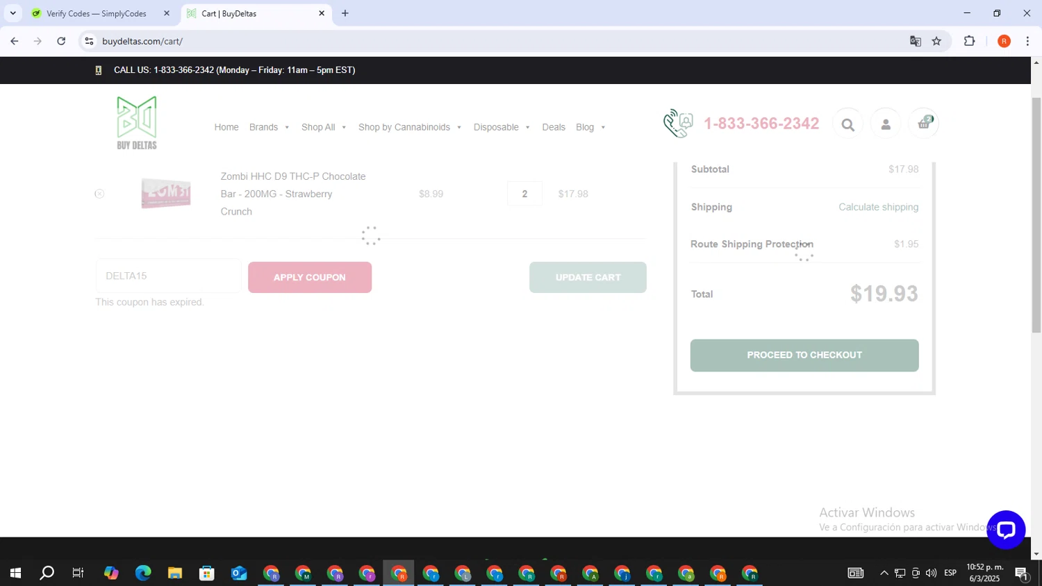Buy Deltas coupon code screenshot showing code DELTA15 applied at Buy Deltas checkout page. Uploaded by SimplyCodes community member DealVirtuoso2241 on Mar 7, 2025