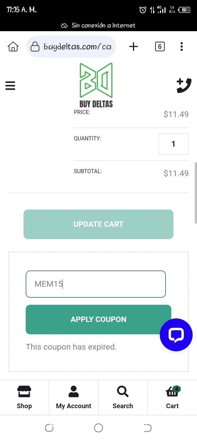Buy Deltas coupon code screenshot showing code MEM15 applied at Buy Deltas checkout page. Uploaded by SimplyCodes community member Jhoan06 on Feb 20, 2025