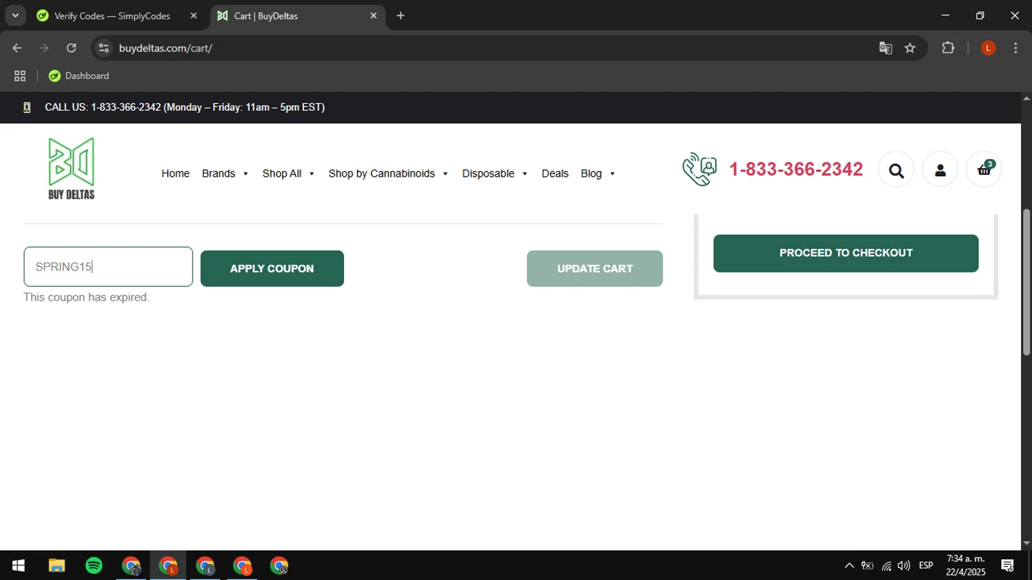 Buy Deltas coupon code screenshot showing code SPRING15 applied at Buy Deltas checkout page. Uploaded by SimplyCodes community member luissdbv1 on Apr 22, 2025