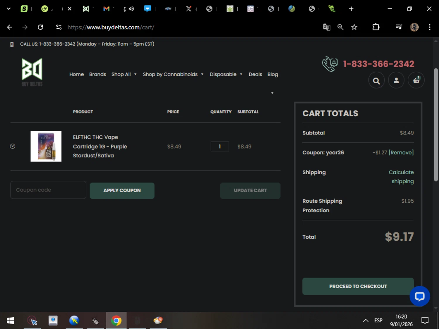 Buy Deltas coupon code screenshot showing code year26 applied at Buy Deltas checkout page. Uploaded by SimplyCodes community member MarcosAranguren on Jan 9, 2026