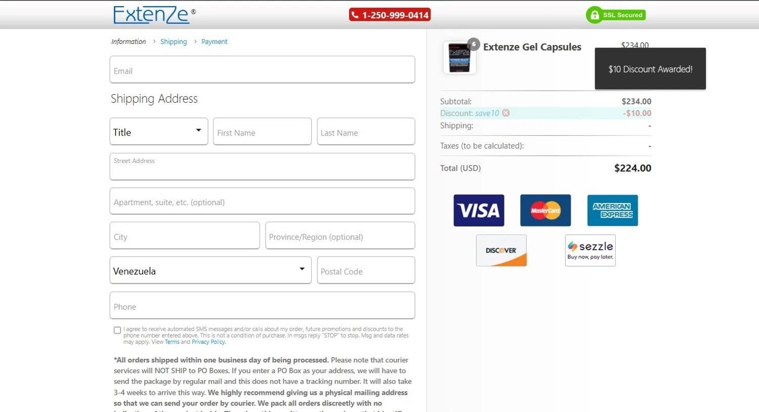 Extenze promo code screenshot showing code SAVE10 applied at Extenze checkout page. Uploaded by SimplyCodes community member SilverTracker8198 on Jan 19, 2025