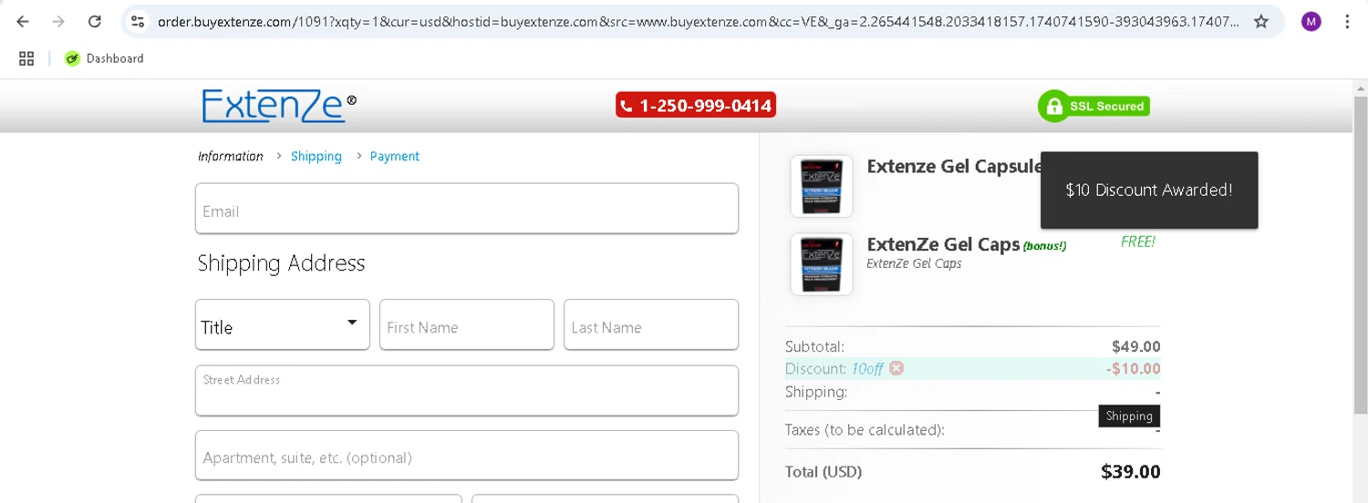 Extenze promo code screenshot showing code 10OFF applied at Extenze checkout page. Uploaded by SimplyCodes community member monicacaraballo on Feb 28, 2025