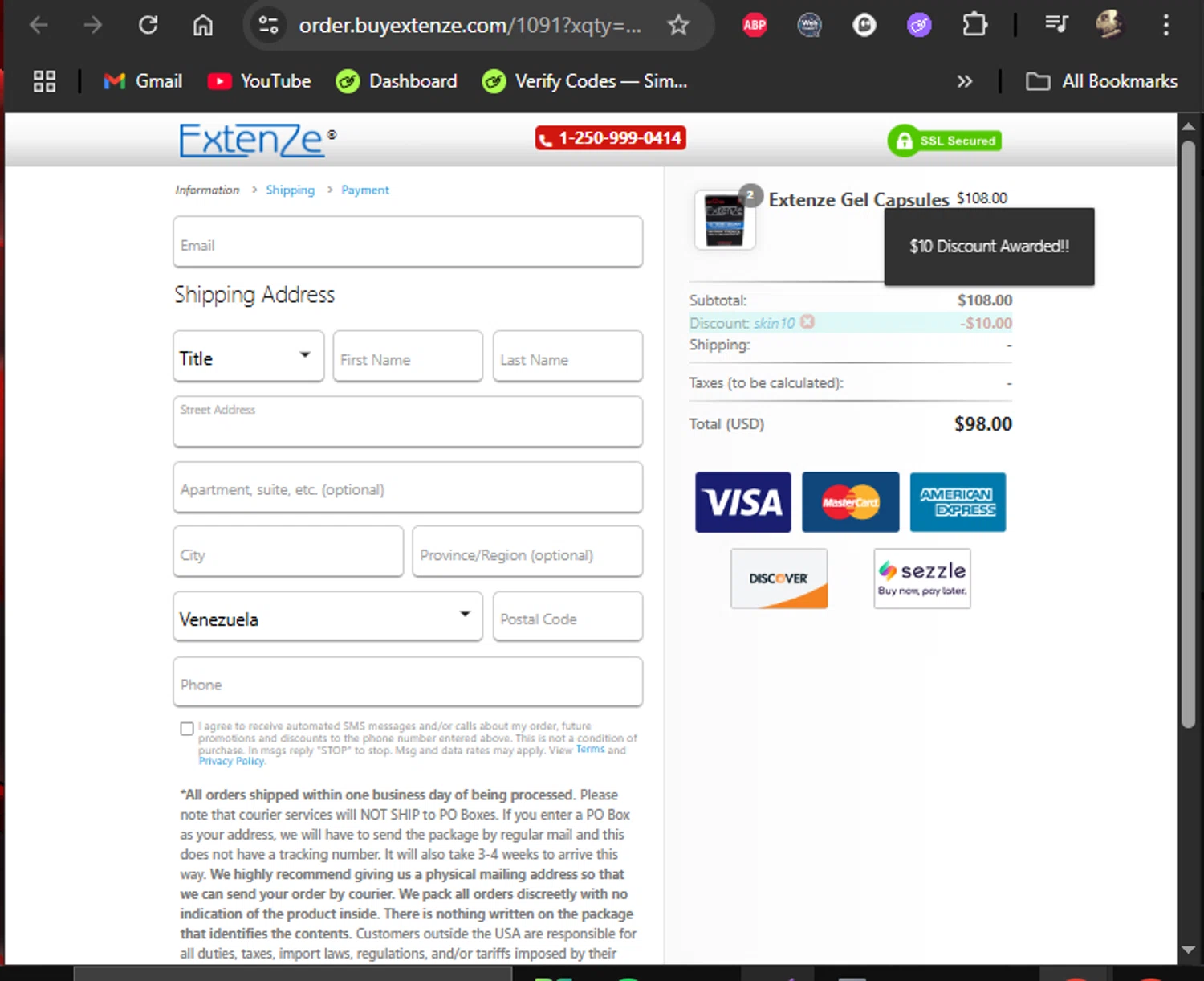 Extenze checkout page showing Extenze promo code box | Screenshot taken by SimplyCodes community member on Aug 16, 2025