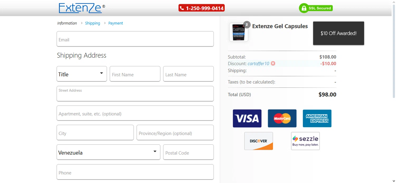 Extenze promo code screenshot showing code CARTOFFER10 applied at Extenze checkout page. Uploaded by SimplyCodes community member Nubelinda on Sep 16, 2025