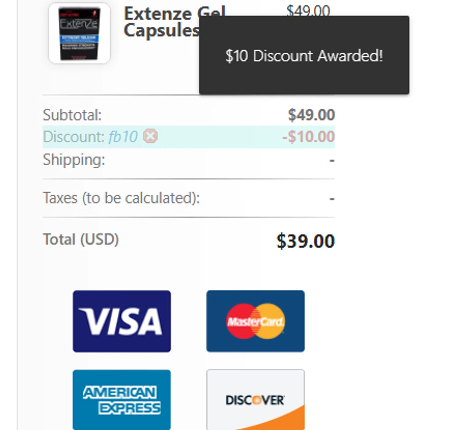 Extenze promo code screenshot showing code FB10 applied at Extenze checkout page. Uploaded by SimplyCodes community member fghfgefds2 on Sep 17, 2025