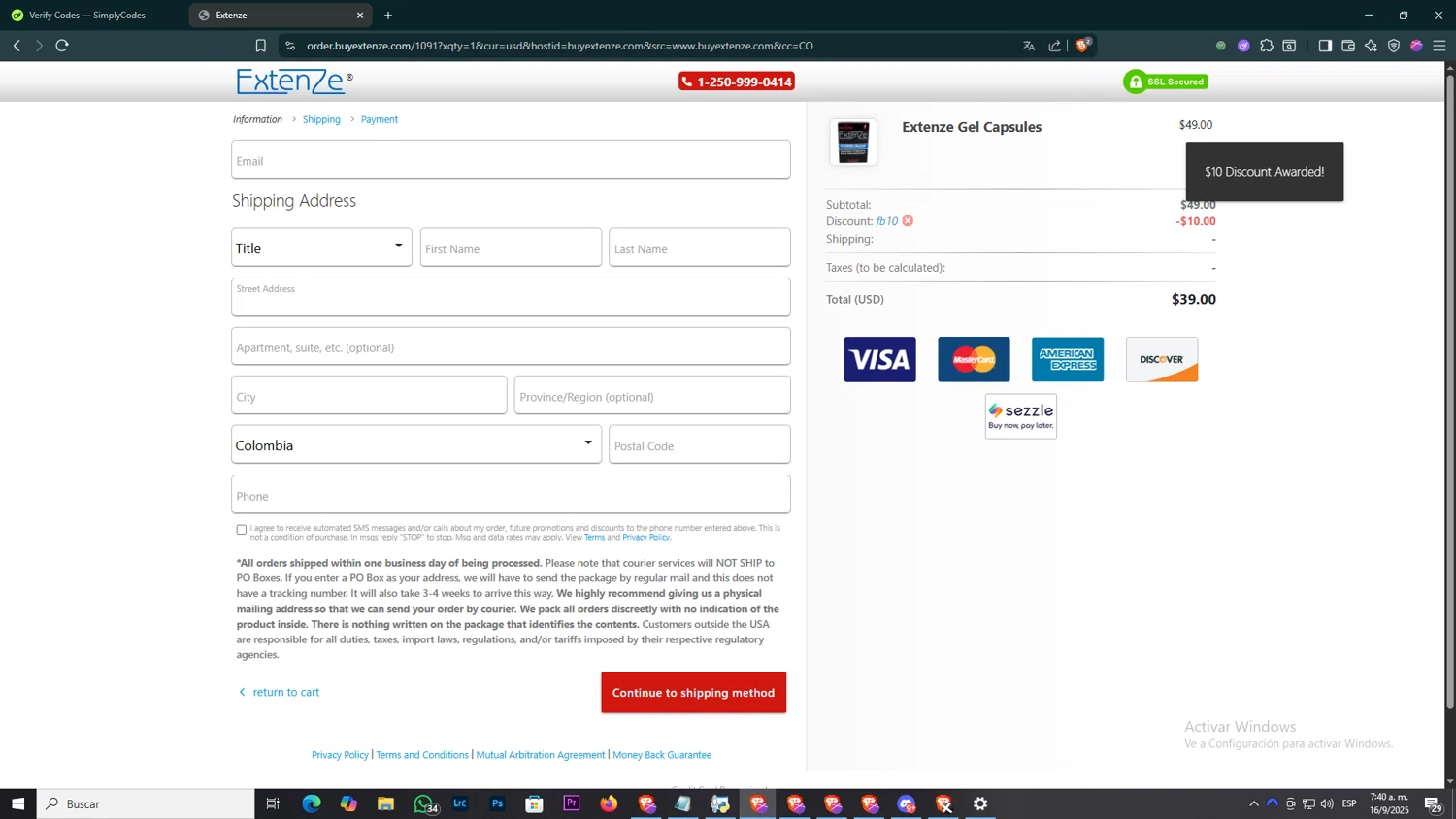 Extenze promo code screenshot showing code FB10 applied at Extenze checkout page. Uploaded by SimplyCodes community member SmartGuardian6731 on Sep 16, 2025