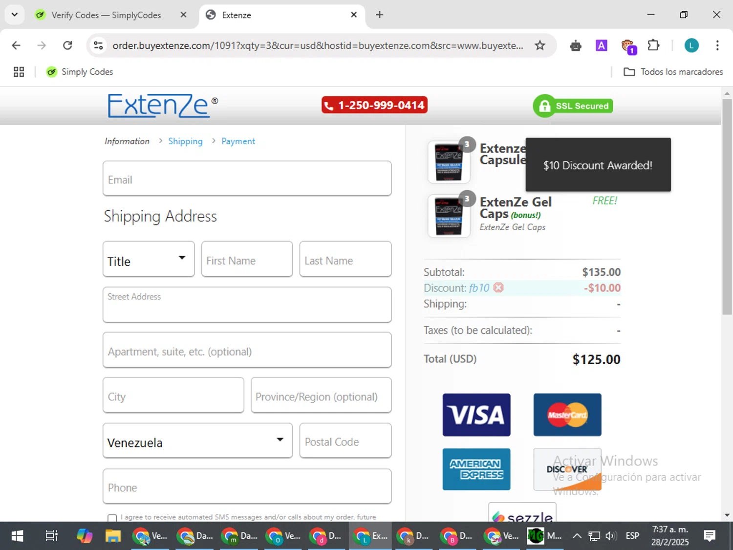 Extenze promo code screenshot showing code FB10 applied at Extenze checkout page. Uploaded by SimplyCodes community member LuckyLegend792 on Feb 28, 2025