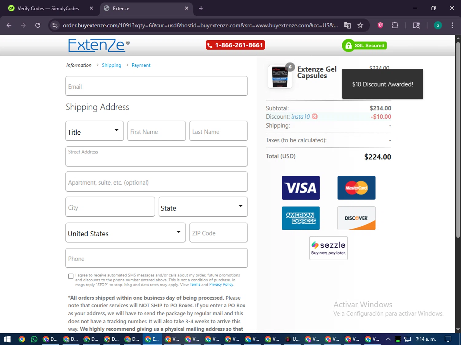 Extenze promo code screenshot showing code INSTA10 applied at Extenze checkout page. Uploaded by SimplyCodes community member PennyFinder5759 on Nov 10, 2025