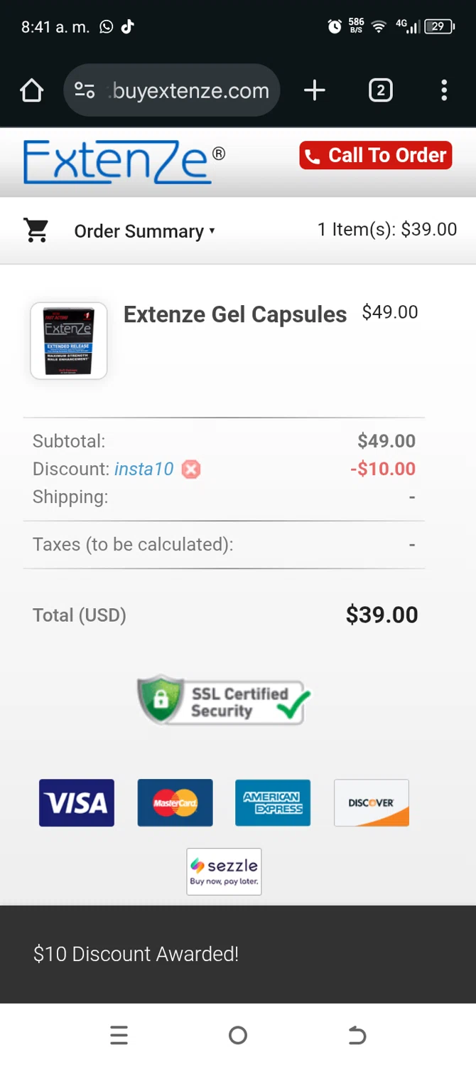 Extenze promo code screenshot showing code INSTA10 applied at Extenze checkout page. Uploaded by SimplyCodes community member TokenAce5969 on Dec 9, 2025