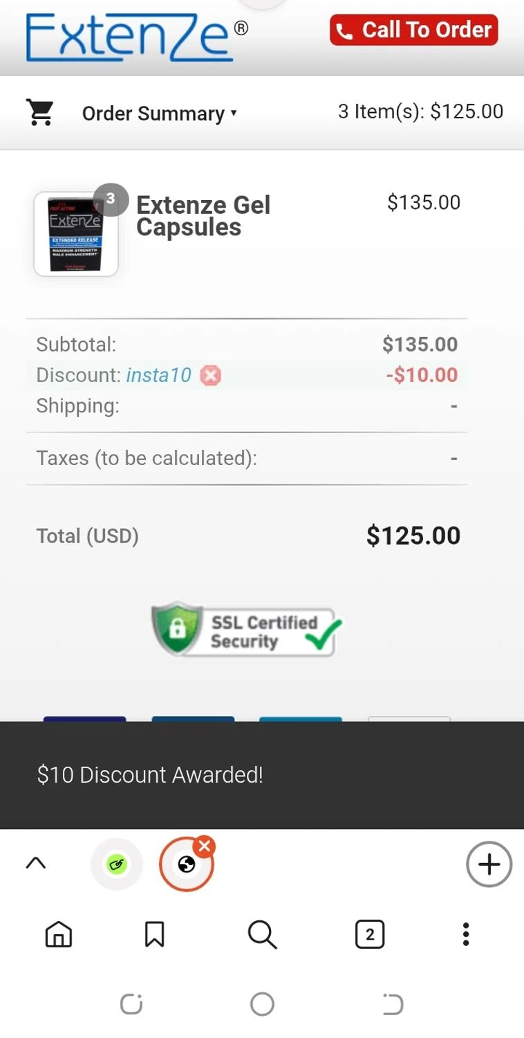Extenze promo code screenshot showing code INSTA10 applied at Extenze checkout page. Uploaded by SimplyCodes community member yajairagonzalez1 on Nov 10, 2025