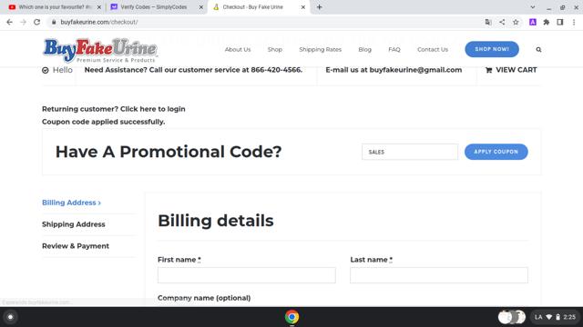 Buy Fake Urine checkout page showing Buy Fake Urine promo code box | Screenshot taken by SimplyCodes community member on Mar 5, 2024