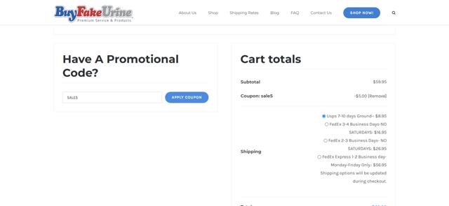 Buy Fake Urine checkout page showing Buy Fake Urine promo code box | Screenshot taken by SimplyCodes community member on Sep 20, 2023