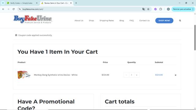 Buy Fake Urine checkout page showing Buy Fake Urine promo code box | Screenshot taken by SimplyCodes community member on Jun 14, 2025