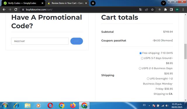 Buy Fake Urine checkout page showing Buy Fake Urine promo code box | Screenshot taken by SimplyCodes community member on May 10, 2025