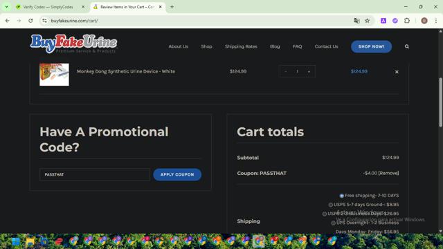 Buy Fake Urine checkout page showing Buy Fake Urine promo code box | Screenshot taken by SimplyCodes community member on Jun 14, 2025
