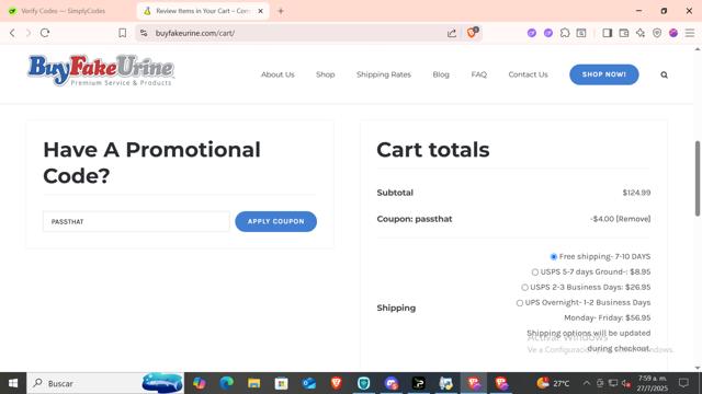 Buy Fake Urine checkout page showing Buy Fake Urine promo code box | Screenshot taken by SimplyCodes community member on Jul 27, 2025