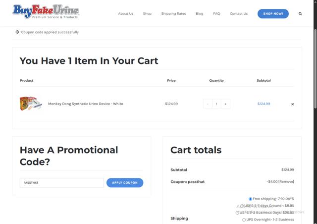 Buy Fake Urine checkout page showing Buy Fake Urine promo code box | Screenshot taken by SimplyCodes community member on Jun 7, 2025