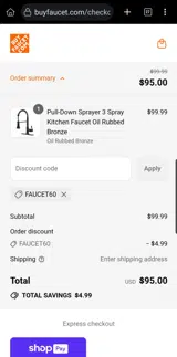 FAUCET60 coupon verification screenshot