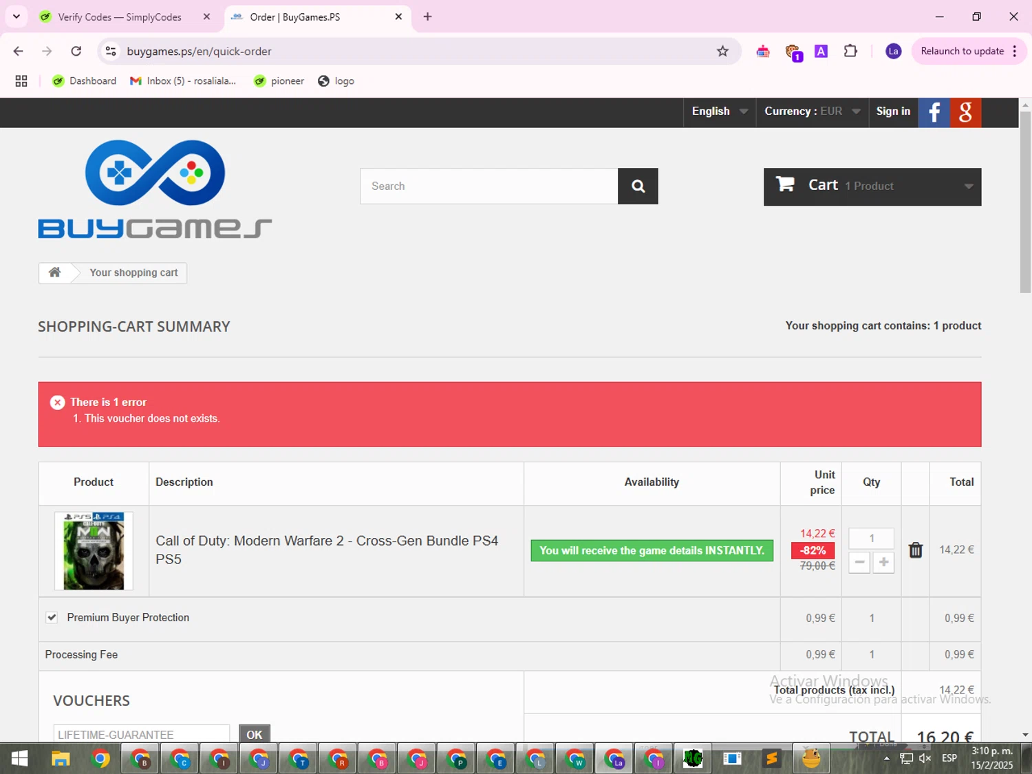 BuyGames discount code screenshot showing code LIFETIME-GUARANTEE applied at BuyGames checkout page. Uploaded by SimplyCodes community member VictoriousSentinel1514 on Feb 15, 2025