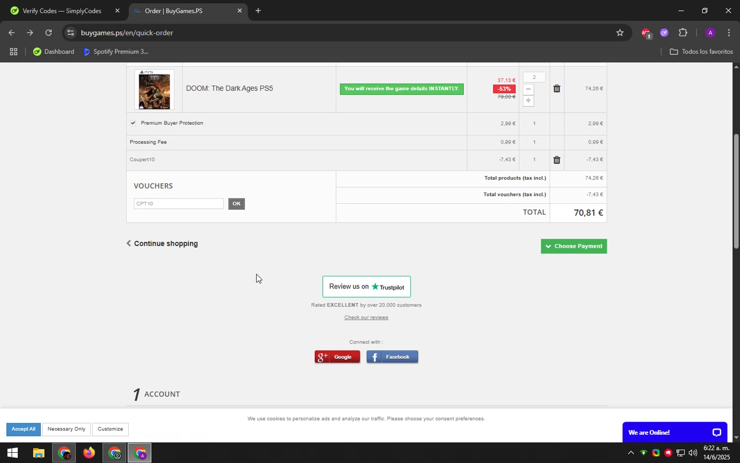 BuyGames discount code screenshot showing code CPT10 applied at BuyGames checkout page. Uploaded by SimplyCodes community member DeathBone on Jun 14, 2025