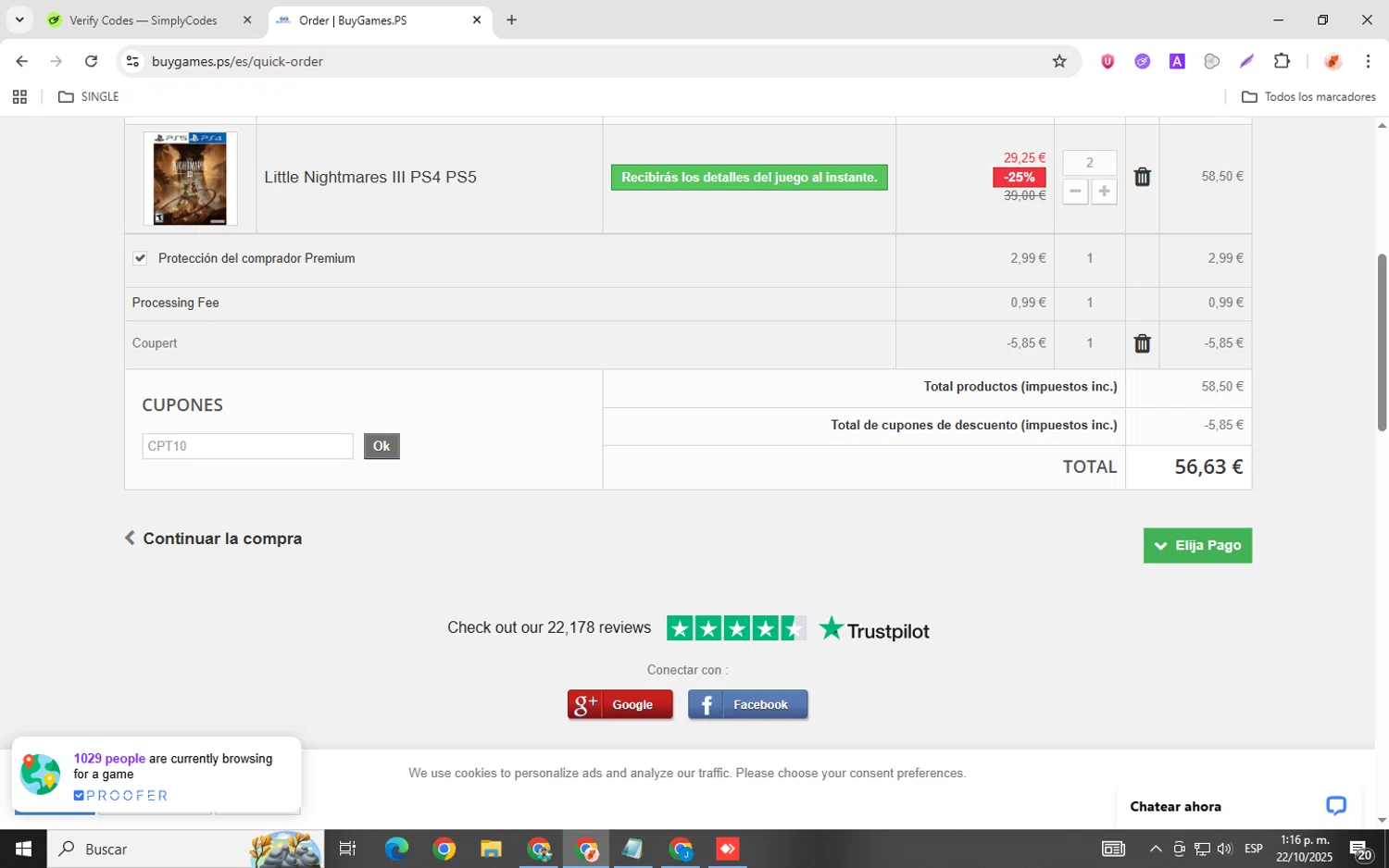 BuyGames discount code screenshot showing code CPT10 applied at BuyGames checkout page. Uploaded by SimplyCodes community member donaldJtrump on Oct 22, 2025