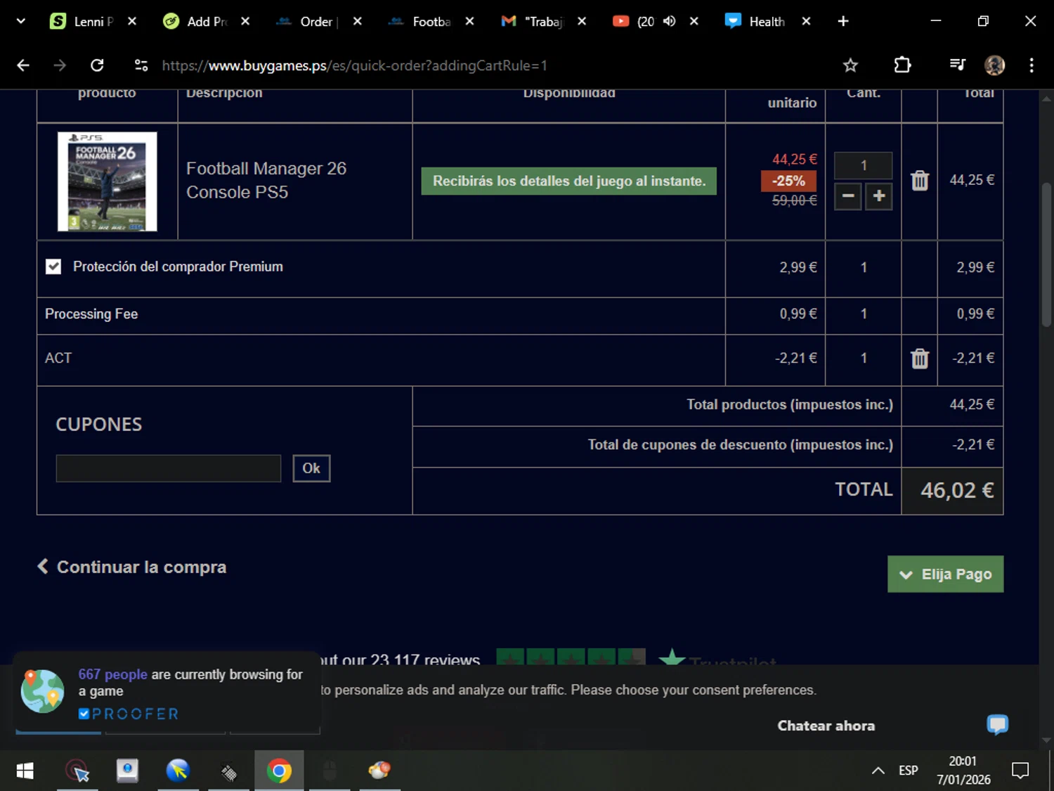 BuyGames discount code screenshot showing code PNO6QI applied at BuyGames checkout page. Uploaded by SimplyCodes community member MarcosAranguren on Jan 8, 2026