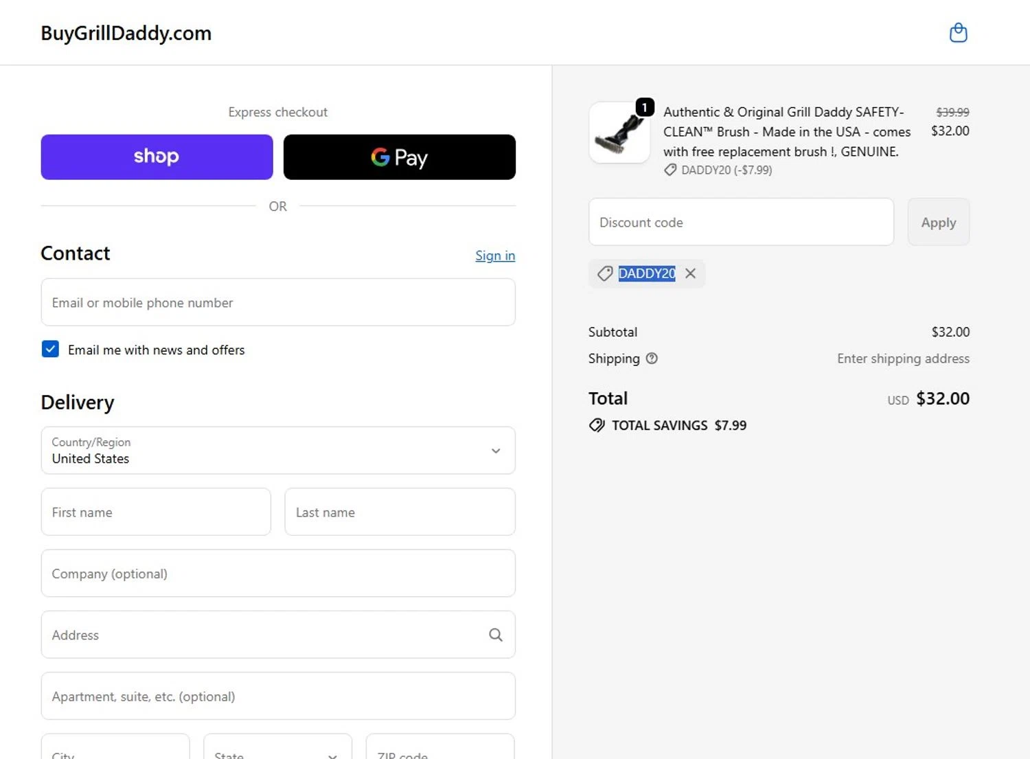 Grill Daddy promo code screenshot showing code DADDY20 applied at Grill Daddy checkout page. Uploaded by SimplyCodes community member angelfigueroa2008 on May 3, 2026
