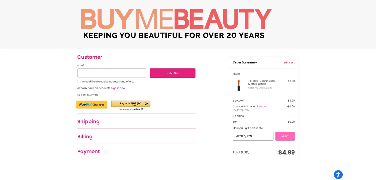 BuyMeBeauty promo code screenshot showing code MATTEQUEEN applied at BuyMeBeauty checkout page. Uploaded by SimplyCodes community member CleverLynx8583 on Dec 17, 2025