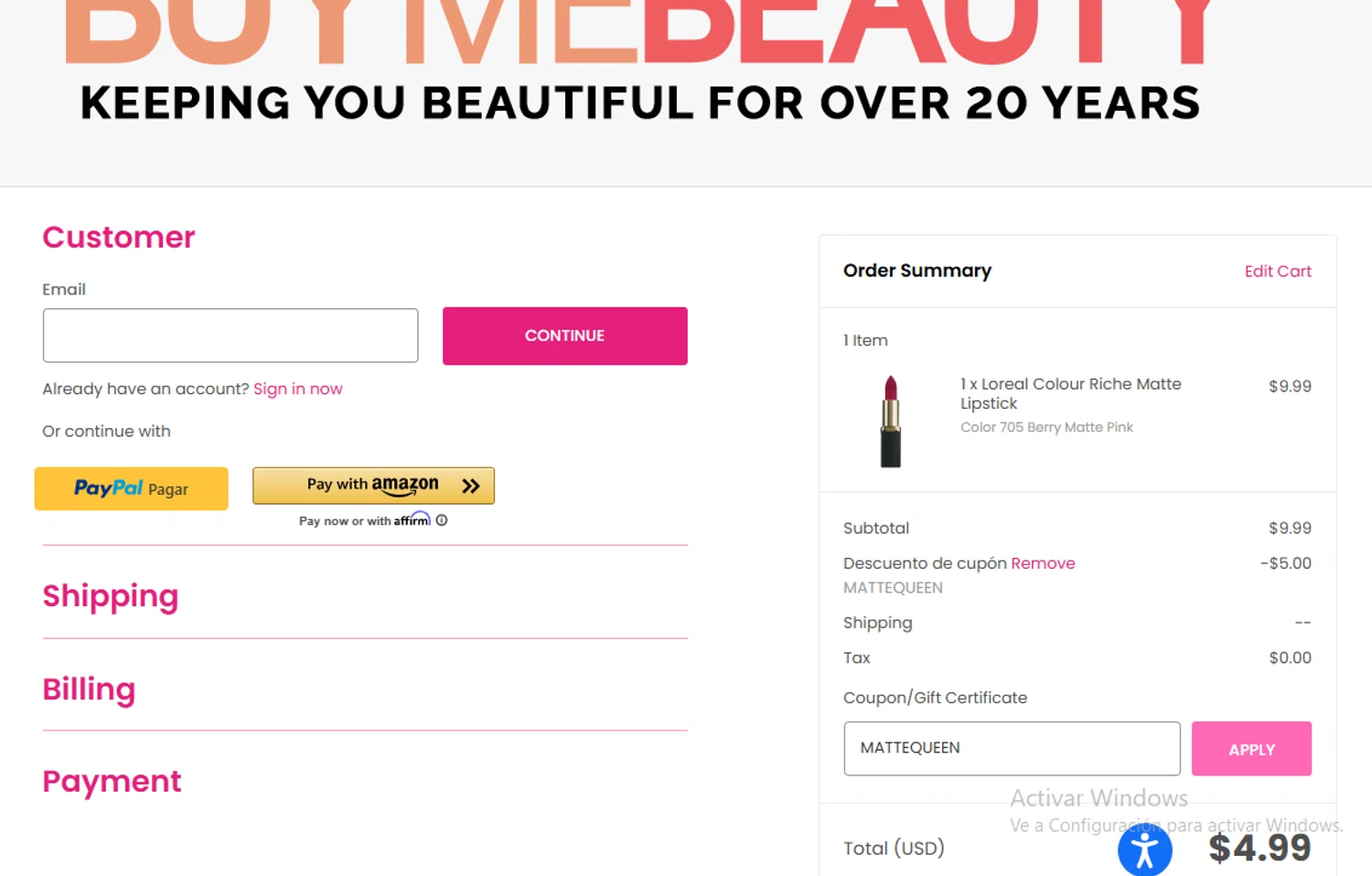 BuyMeBeauty promo code screenshot showing code MATTEQUEEN applied at BuyMeBeauty checkout page. Uploaded by SimplyCodes community member Lestara_23 on Oct 20, 2025