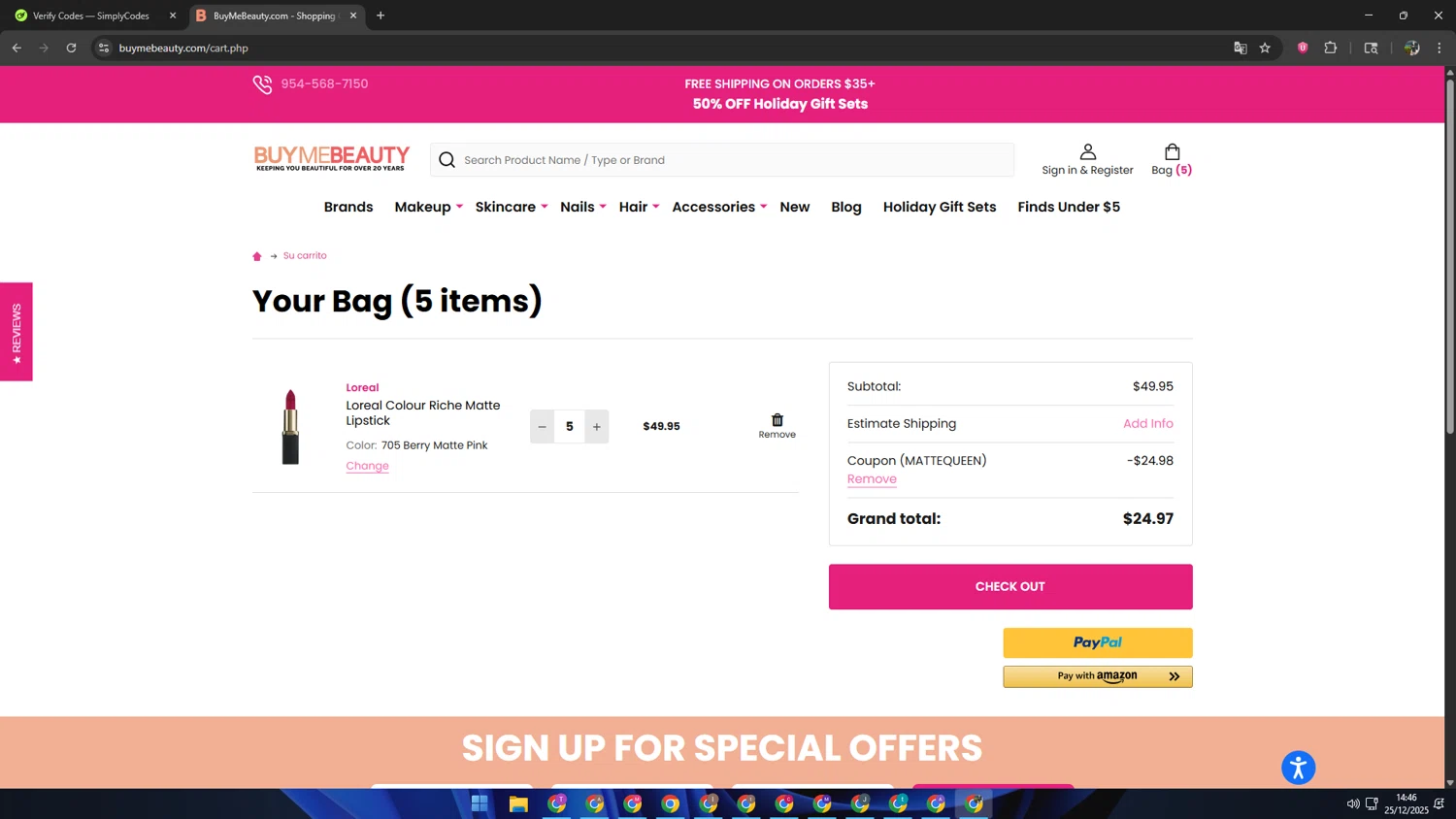 BuyMeBeauty promo code screenshot showing code MATTEQUEEN applied at BuyMeBeauty checkout page. Uploaded by SimplyCodes community member SAIKOO on Dec 25, 2025