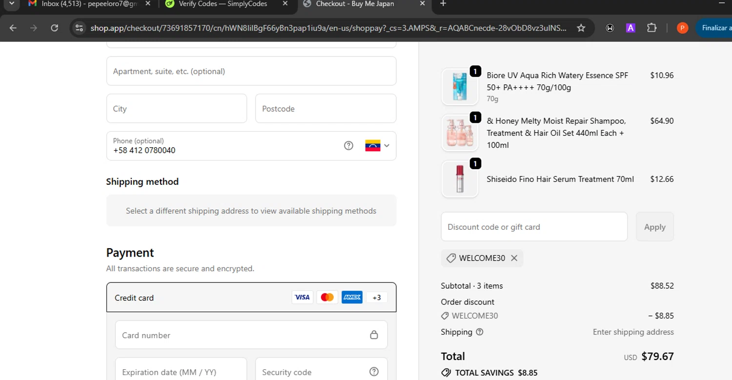 Buy Me Japan promo code screenshot showing code WELCOME30 applied at Buy Me Japan checkout page. Uploaded by SimplyCodes community member Eminem on Feb 2, 2026