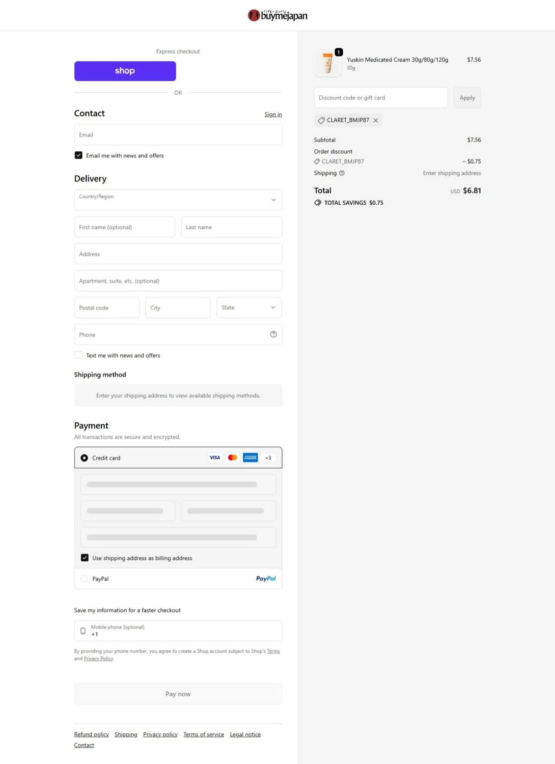 Buy Me Japan promo code screenshot showing code CLARET_BMJP87 applied at Buy Me Japan checkout page. Uploaded by SimplyCodes community member belma123 on Feb 3, 2026