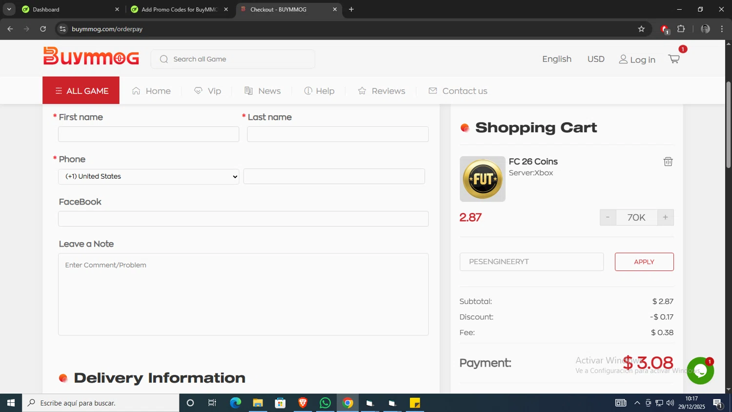 BuyMMOG.com promo code screenshot showing code PESENGINEERYT applied at BuyMMOG.com checkout page. Uploaded by SimplyCodes community member morel09 on Dec 29, 2025