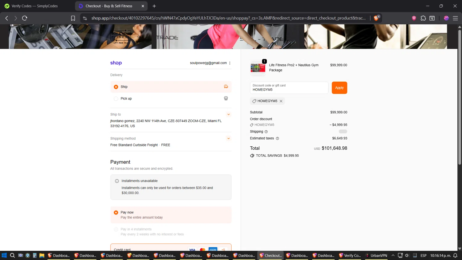 Buy & Sell Fitness promo code screenshot showing code HOMEGYM5 applied at Buy & Sell Fitness checkout page. Uploaded by SimplyCodes community member TreasureExpert3303 on Oct 15, 2025