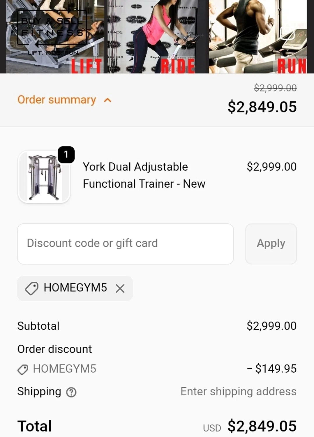 Buy & Sell Fitness promo code screenshot showing code HOMEGYM5 applied at Buy & Sell Fitness checkout page. Uploaded by SimplyCodes community member ValiantCurator3344 on Nov 9, 2025